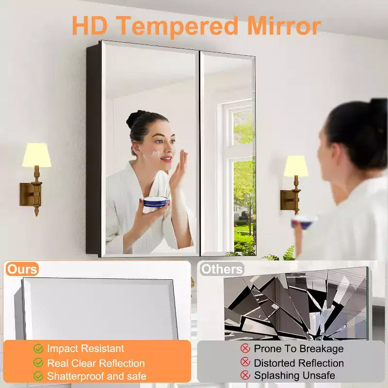 Bathroom Medicine Cabinet with Beveled Mirror Recessed or Wall Mount and Adjustable Tempered Glass Shelves in Black