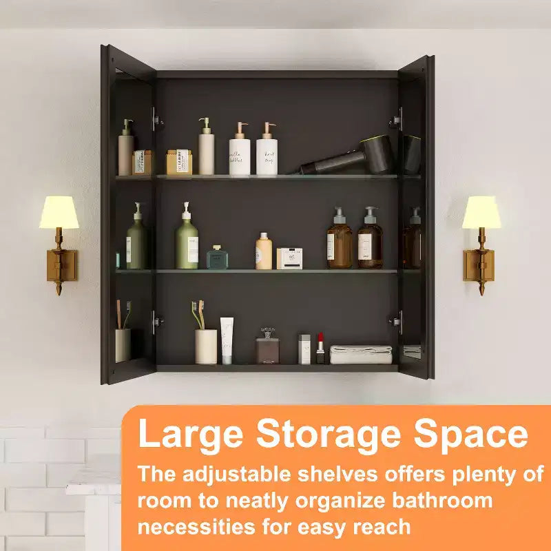 Bathroom Medicine Cabinet with Beveled Mirror Recessed or Wall Mount and Adjustable Tempered Glass Shelves in Black