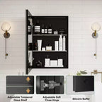 Armoire à pharmacie de salle de bain avec miroir biseauté, encastrée ou murale, et étagères réglables en verre trempé, noire