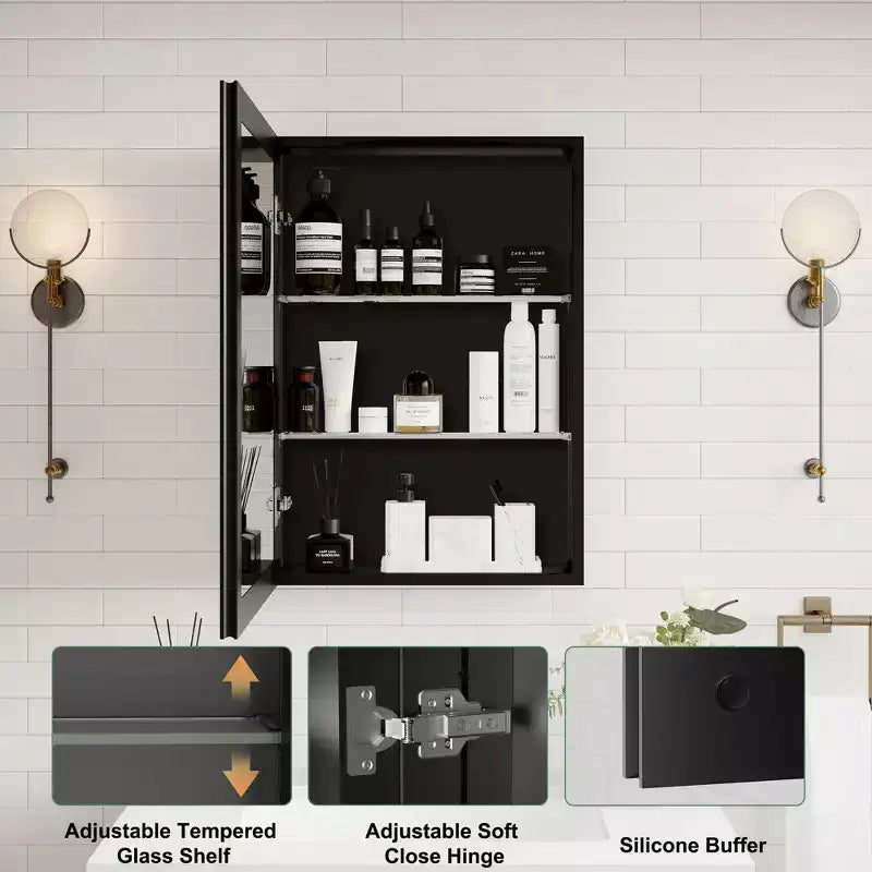 Bathroom Medicine Cabinet with Beveled Mirror Recessed or Wall Mount and Adjustable Tempered Glass Shelves in Black