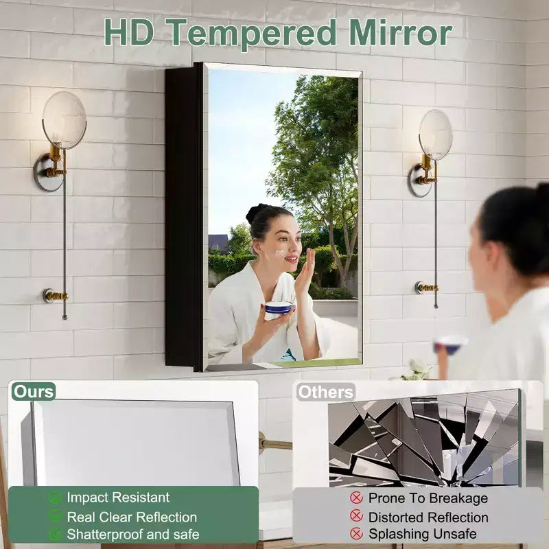 Bathroom Medicine Cabinet with Beveled Mirror Recessed or Wall Mount and Adjustable Tempered Glass Shelves in Black