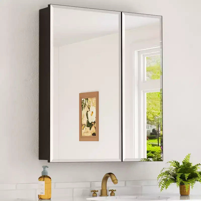 Bathroom Medicine Cabinet with Beveled Mirror Recessed or Wall Mount and Adjustable Tempered Glass Shelves in Black