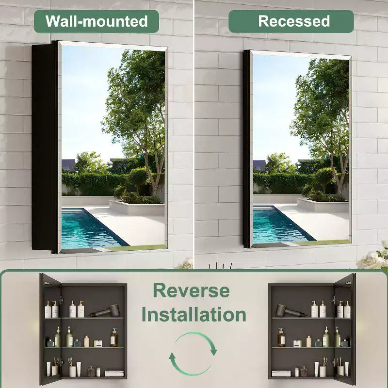 Bathroom Medicine Cabinet with Beveled Mirror Recessed or Wall Mount and Adjustable Tempered Glass Shelves in Black