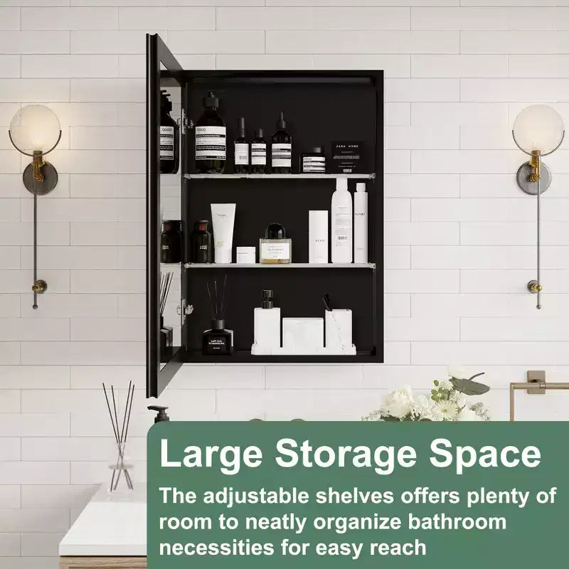Bathroom Medicine Cabinet with Beveled Mirror Recessed or Wall Mount and Adjustable Tempered Glass Shelves in Black