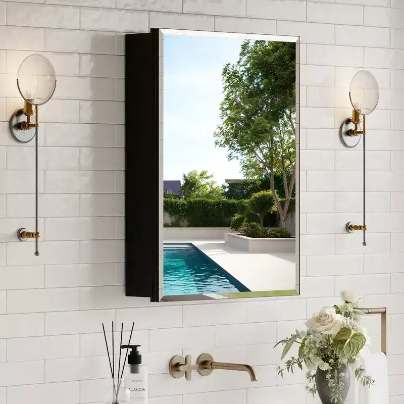 Bathroom Medicine Cabinet with Beveled Mirror Recessed or Wall Mount and Adjustable Tempered Glass Shelves in Black