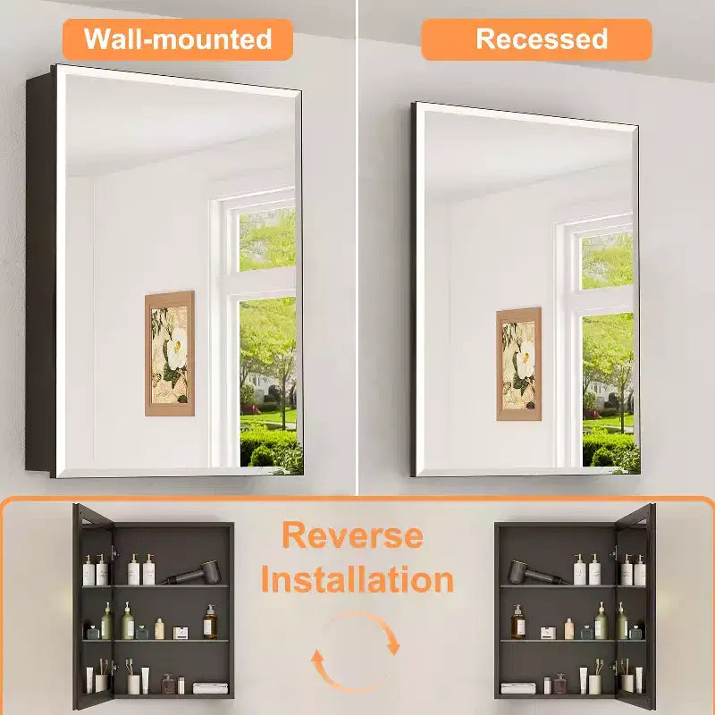 Bathroom Medicine Cabinet with Beveled Mirror Recessed or Wall Mount and Adjustable Tempered Glass Shelves in Black