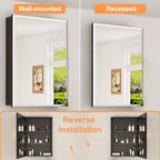 Armoire à pharmacie de salle de bain avec miroir biseauté, encastrée ou murale, et étagères réglables en verre trempé, noire