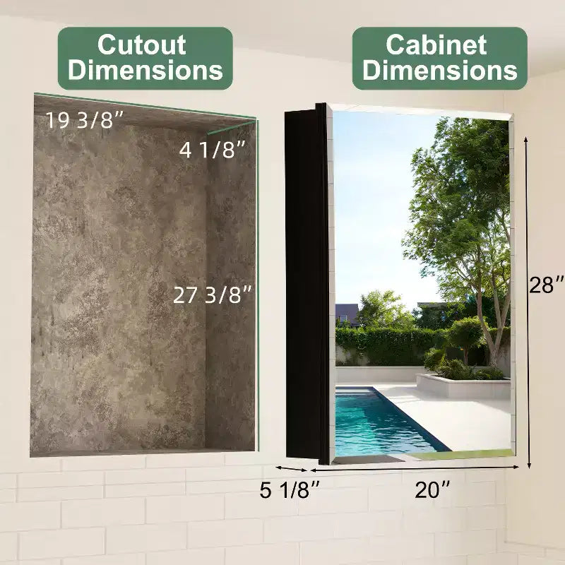 Bathroom Medicine Cabinet with Beveled Mirror Recessed or Wall Mount and Adjustable Tempered Glass Shelves in Black