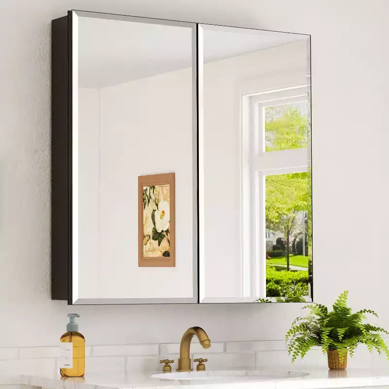Bathroom Medicine Cabinet with Beveled Mirror Recessed or Wall Mount and Adjustable Tempered Glass Shelves in Black