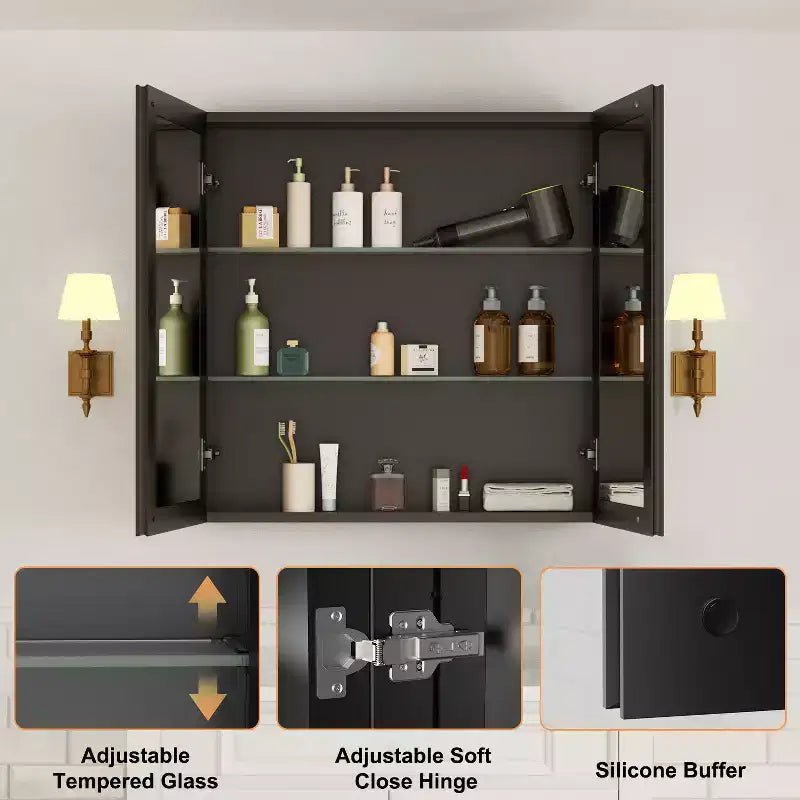 Bathroom Medicine Cabinet with Beveled Mirror Recessed or Wall Mount and Adjustable Tempered Glass Shelves in Black