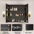 Armoire à pharmacie de salle de bain avec miroir biseauté, encastrée ou murale, et étagères réglables en verre trempé, noire