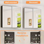 Armoire à pharmacie de salle de bain avec miroir biseauté, encastrée ou murale, et étagères réglables en verre trempé, noire