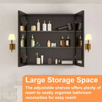 Armoire à pharmacie de salle de bain avec miroir biseauté, encastrée ou murale, et étagères réglables en verre trempé, noire