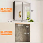Armoire à pharmacie de salle de bain avec miroir biseauté, encastrée ou murale, et étagères réglables en verre trempé, noire