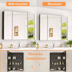 Armoire à pharmacie de salle de bain avec miroir biseauté, encastrée ou murale, et étagères réglables en verre trempé, noire