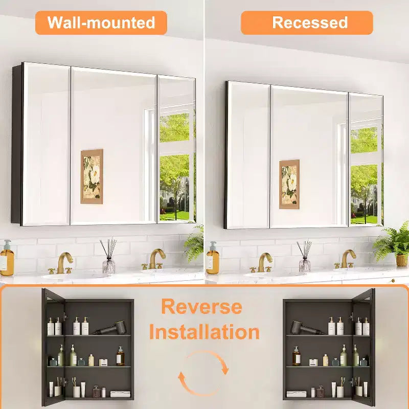 Bathroom Medicine Cabinet with Beveled Mirror Recessed or Wall Mount and Adjustable Tempered Glass Shelves in Black