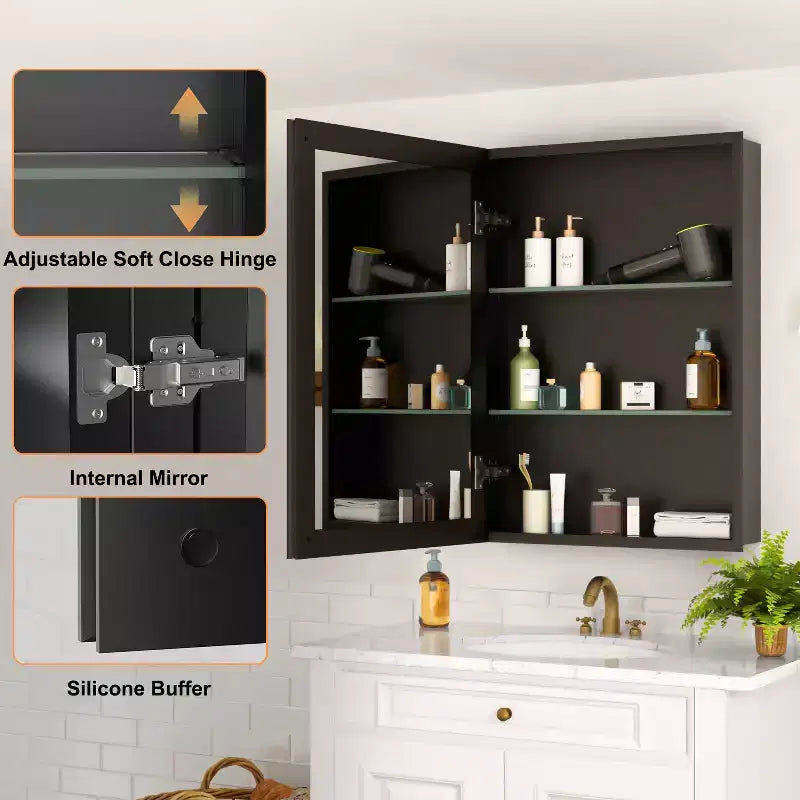 Bathroom Medicine Cabinet with Beveled Mirror Recessed or Wall Mount and Adjustable Tempered Glass Shelves in Black