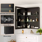 Armoire à pharmacie de salle de bain avec miroir biseauté, encastrée ou murale, et étagères réglables en verre trempé, noire