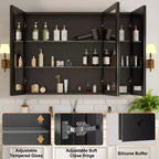 Armoire à pharmacie de salle de bain avec miroir biseauté, encastrée ou murale, et étagères réglables en verre trempé, noire