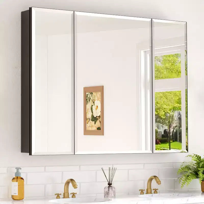 Bathroom Medicine Cabinet with Beveled Mirror Recessed or Wall Mount and Adjustable Tempered Glass Shelves in Black