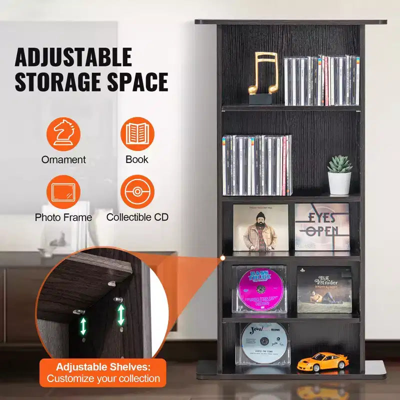 5-Layer Media Storage Cabinet DVD Shelf Holds up to 240 CDs with Adjustable Shelves