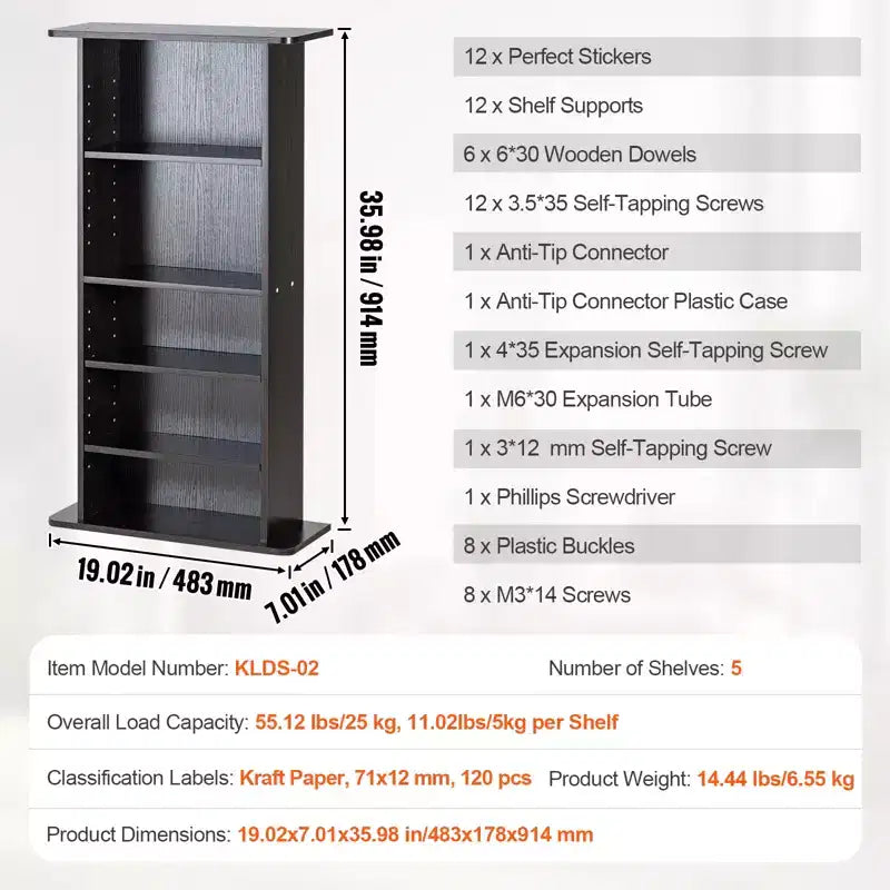5-Layer Media Storage Cabinet DVD Shelf Holds up to 240 CDs with Adjustable Shelves