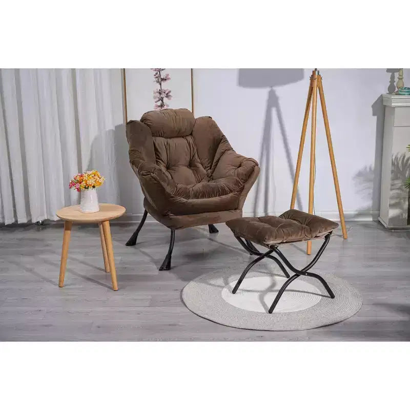 Cotton Fabric Lazy Accent Armchair with Side Pocket and Steel Frame for Living Room