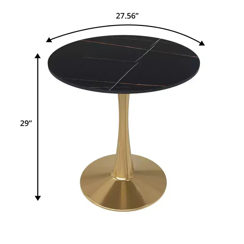 27 Inch Round Dining Table with Sintered Stone Top and Gold Steel Pedestal Base