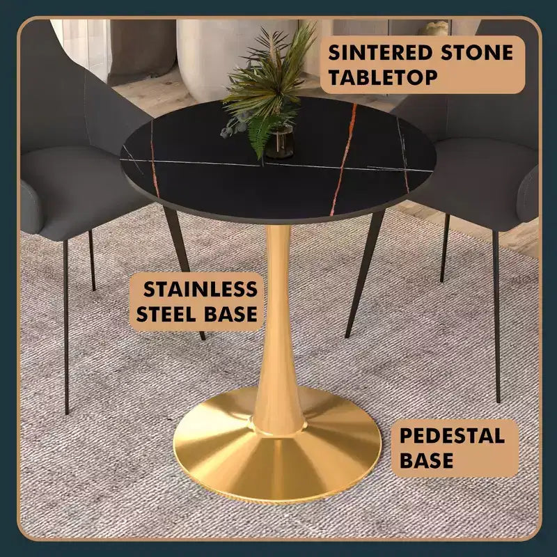 27 Inch Round Dining Table with Sintered Stone Top and Gold Steel Pedestal Base