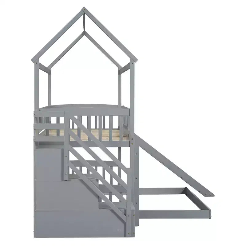 Twin Over Full Bunk Bed with Slide and Playhouse Design