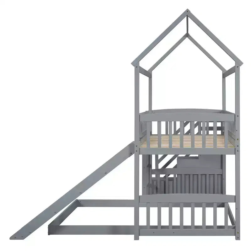 Twin Over Full Bunk Bed with Slide and Playhouse Design