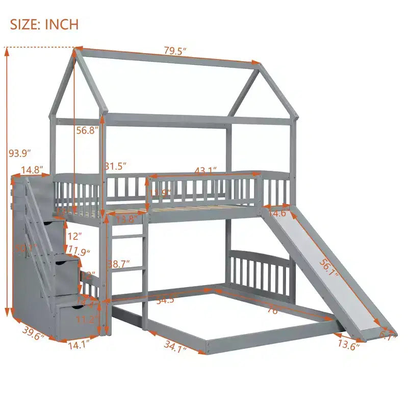 Twin Over Full Bunk Bed with Slide and Playhouse Design