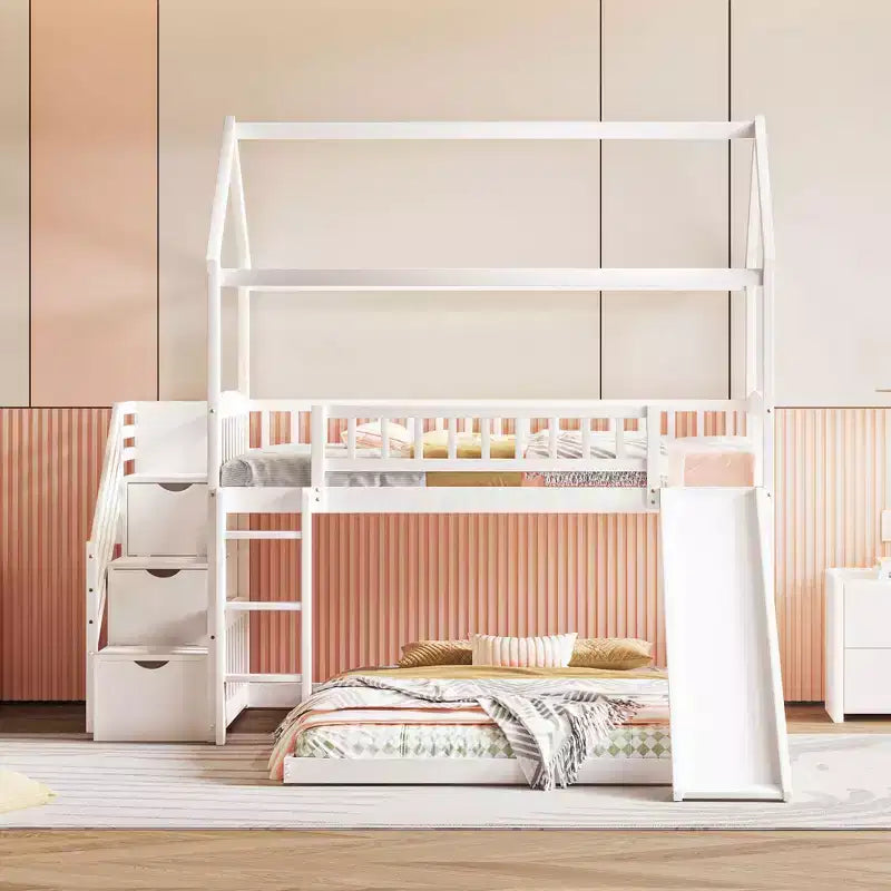 Twin Over Full Bunk Bed with Slide and Playhouse Design
