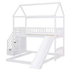 Lit superposé jumeau sur grand lit avec toboggan et design cabane de jeu