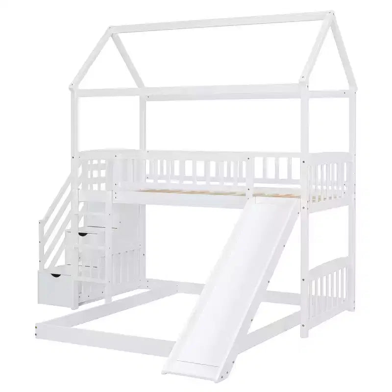Twin Over Full Bunk Bed with Slide and Playhouse Design