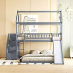 Lit superposé jumeau sur grand lit avec toboggan et design cabane de jeu