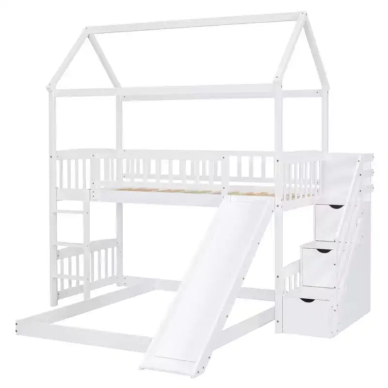 Twin Over Full Bunk Bed with Slide and Playhouse Design
