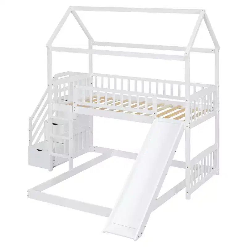 Twin Over Full Bunk Bed with Slide and Playhouse Design