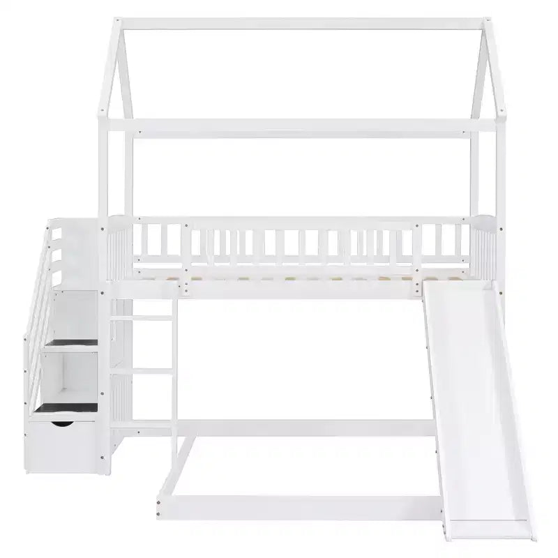 Twin Over Full Bunk Bed with Slide and Playhouse Design