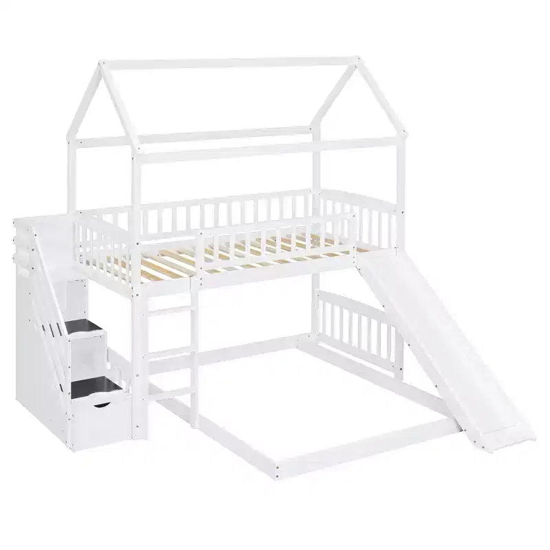 Twin Over Full Bunk Bed with Slide and Playhouse Design