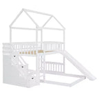 Lit superposé jumeau sur grand lit avec toboggan et design cabane de jeu