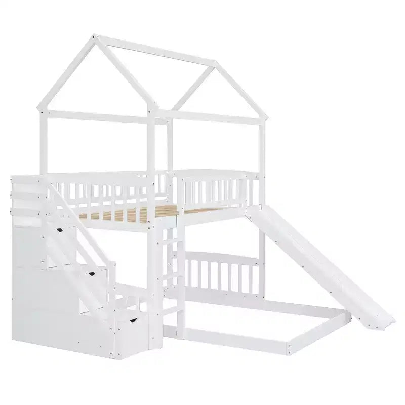 Twin Over Full Bunk Bed with Slide and Playhouse Design