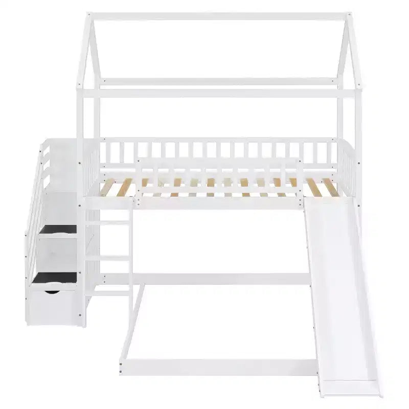 Twin Over Full Bunk Bed with Slide and Playhouse Design
