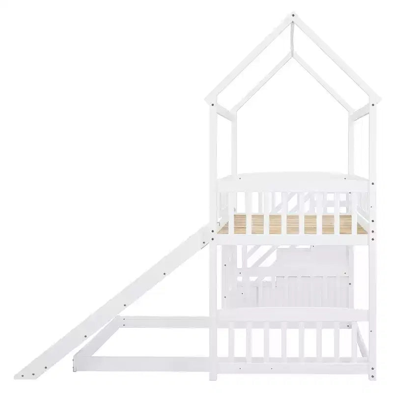 Twin Over Full Bunk Bed with Slide and Playhouse Design