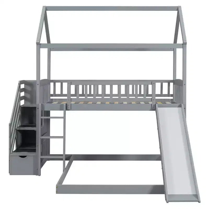 Twin Over Full Bunk Bed with Slide and Playhouse Design