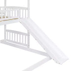 Lit superposé jumeau sur grand lit avec toboggan et design cabane de jeu
