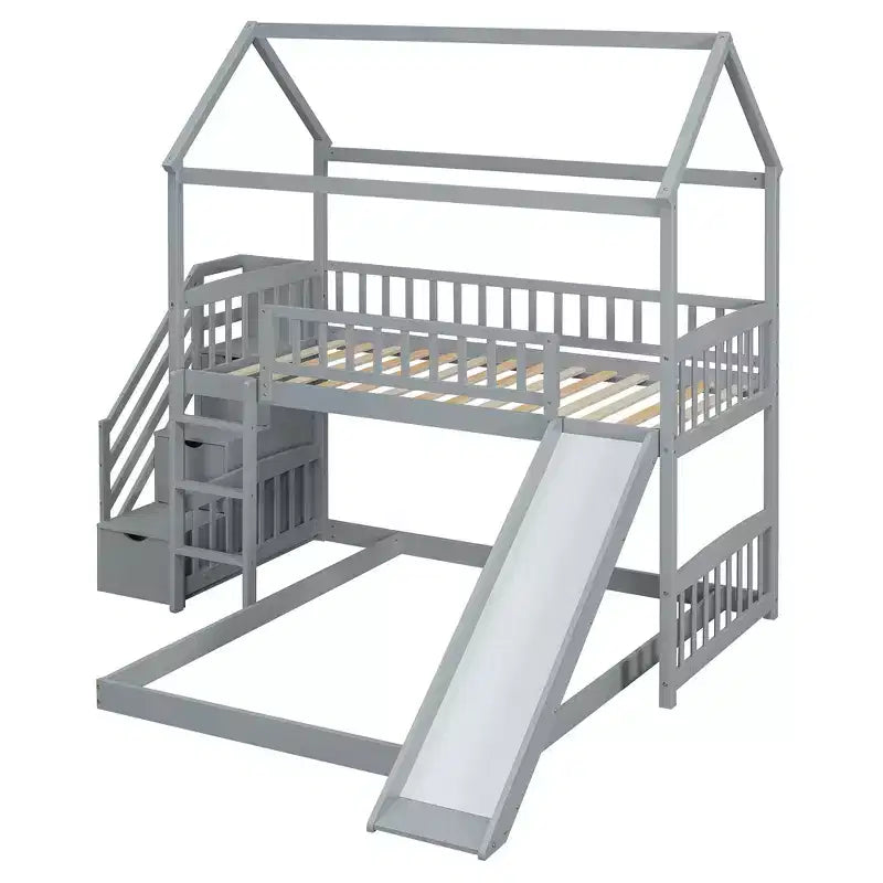 Twin Over Full Bunk Bed with Slide and Playhouse Design