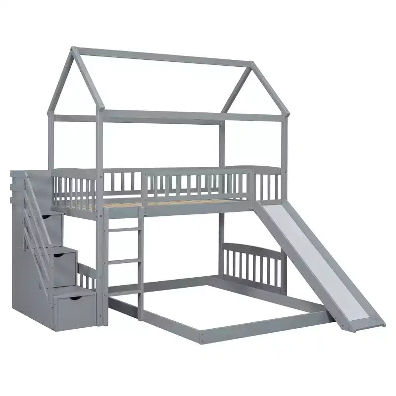 Twin Over Full Bunk Bed with Slide and Playhouse Design