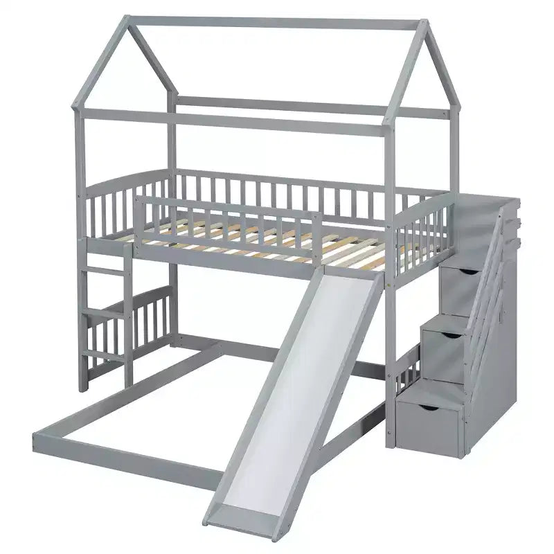 Twin Over Full Bunk Bed with Slide and Playhouse Design