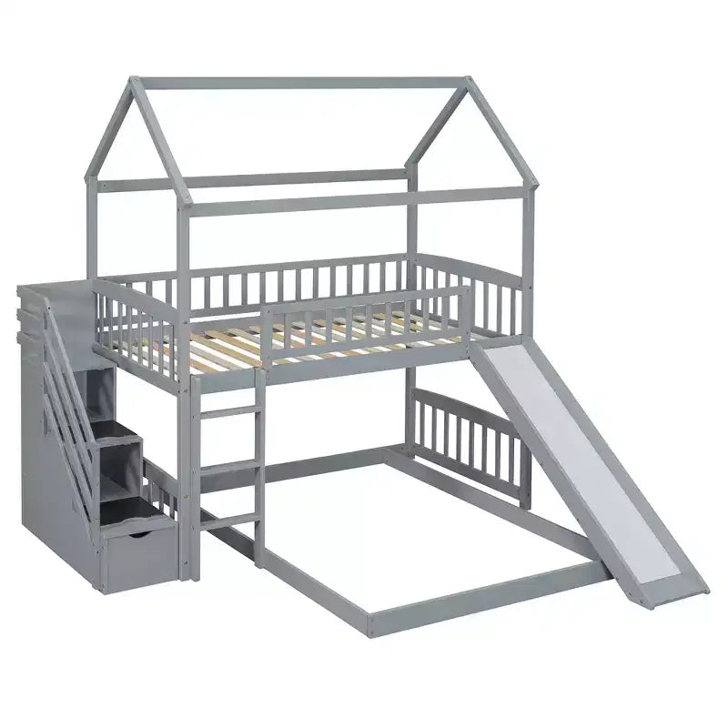 Twin Over Full Bunk Bed with Slide and Playhouse Design